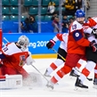 GANGNEUNG, SOUTH KOREA - FEBRUARY 24: Czech Republic's Pavel Francouz #33 makes a save with Jan Kolar #29 and Canada's Andrew Ebbett #19 battling in front during bronze medal round action at the PyeongChang 2018 Olympic Winter Games. (Photo by Andrea Cardin/HHOF-IIHF Images)

